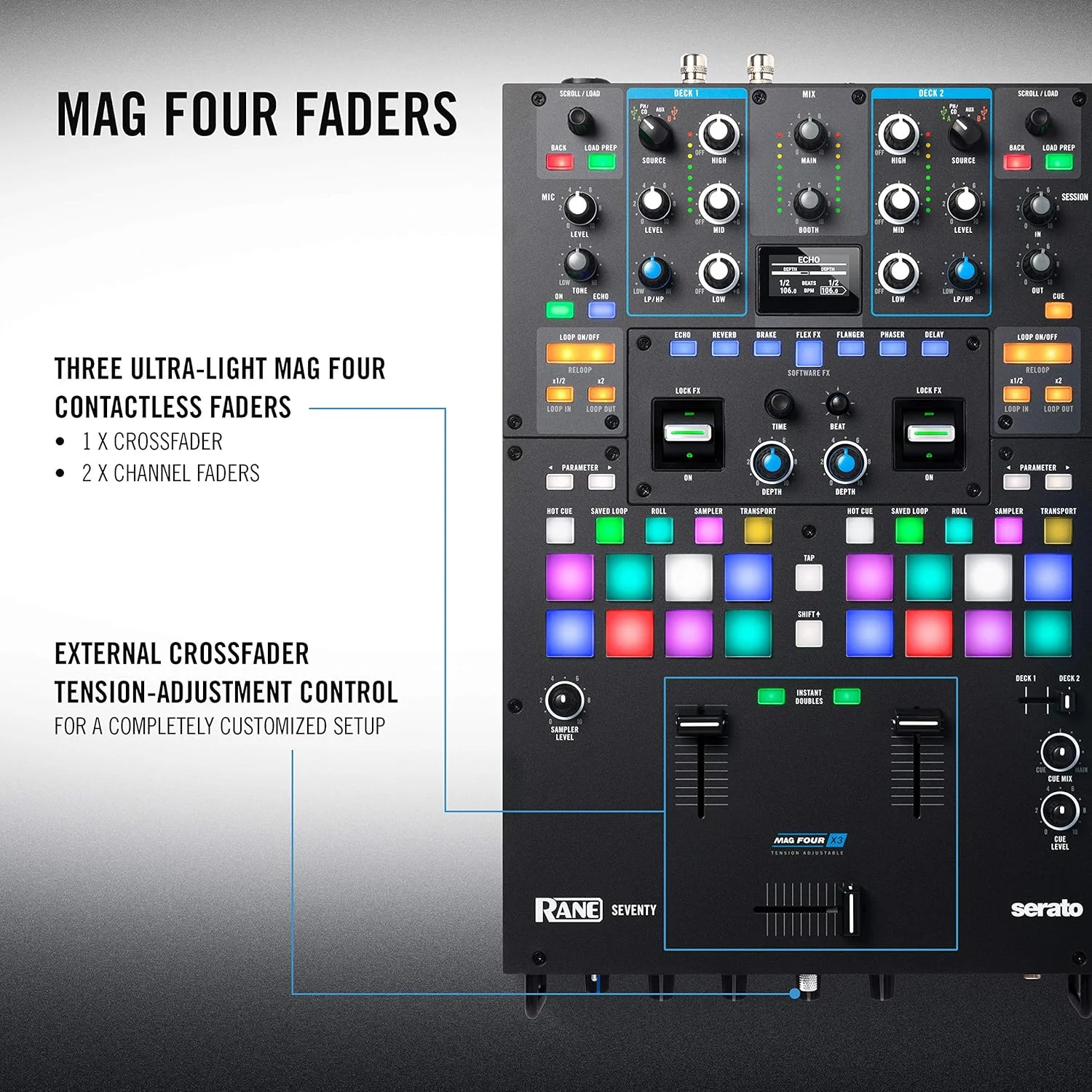میکسر دو کاناله RANE DJ SEVENTY برای Serato با پدهای عملکرد Akai Professional MPC، افکت های داخلی و سه فیدر MAG FOUR بدون تماس
