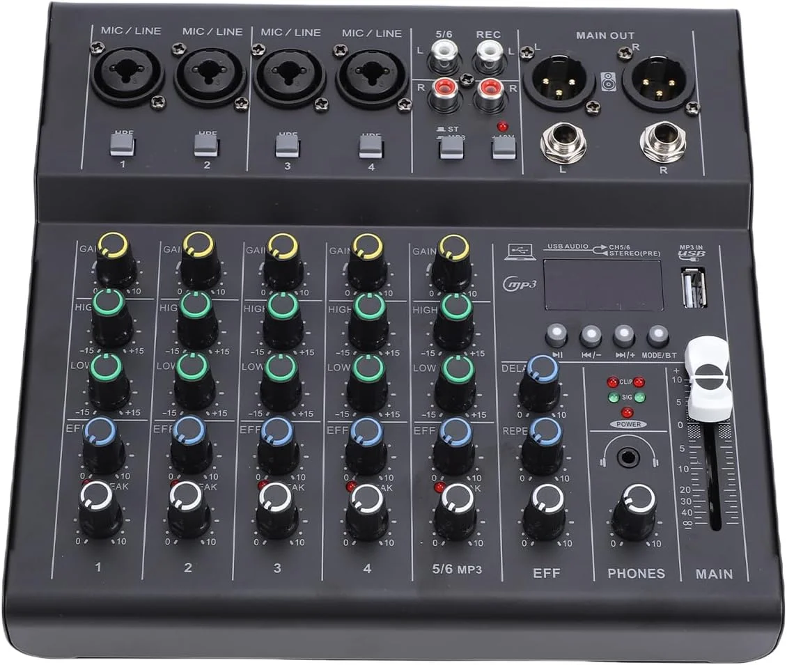 میکسر DJ قابل حمل 6 کاناله BT MP3 با آمپلی فایر گیتار داخلی، پخش کننده BT MP3 با فانتوم پاور 48 ولت برای ضبط استودیویی، پخش زنده و کارائوکه (مشکی)