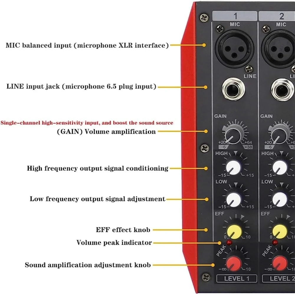 میز میکس استودیویی، میکسر DJ کوچک رابط USB کنترلر KTV خانوادگی 4/6/8 کانال میکسر صوتی DJ +48v میکسر استریو استیج کوچک اجرای خانگی میکسر افکت بلوتوث حرفه ای (4 کانال)