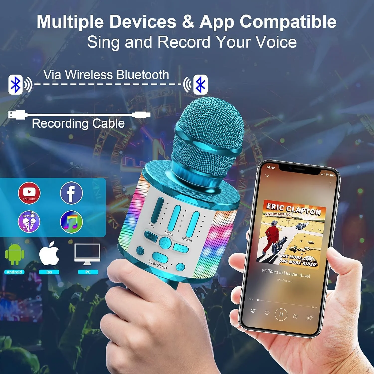 میکروفون بلوتوثی بی سیم LED برای آواز خواندن، اسباب بازی کودکان، دستگاه کارائوکه KTV خانگی، ضبط کننده بلندگوی KTV قابل حمل برای اندروید/آیفون/آیپد/کامپیوتر