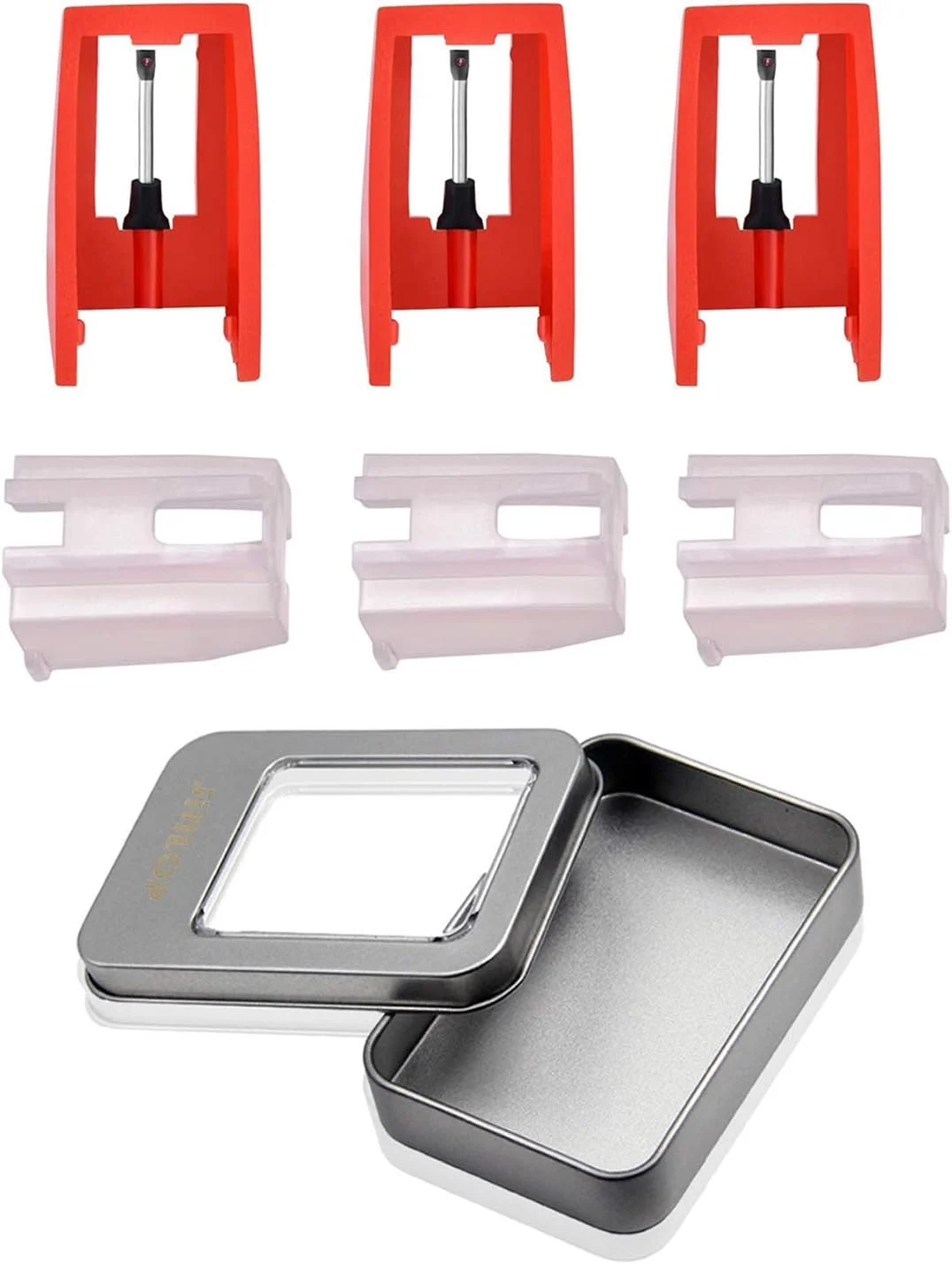 قلم استایلوس Mudimu برای گرامافون به همراه 3 عدد سوزن استایلوس جایگزین جهانی گرامافون با 1 عدد جعبه حلبی برای گرامافون صفحه گرام