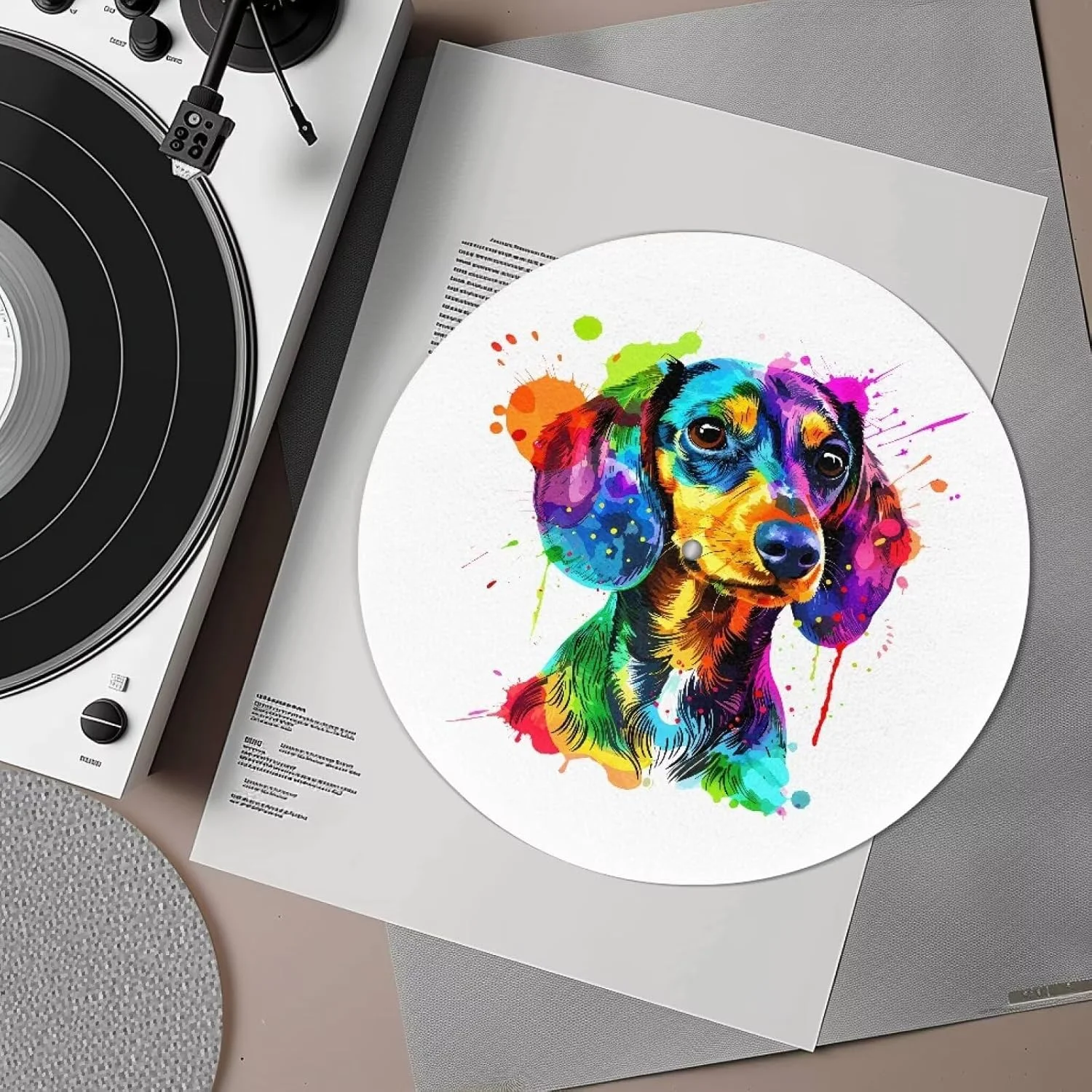 پد صفحه گرامافون پشمی 3 میلی‌متری با طرح آبرنگ سگ، ضد الکتریسیته ساکن، نرم و لطیف، برای پخش بهتر صدا و کاهش نویز