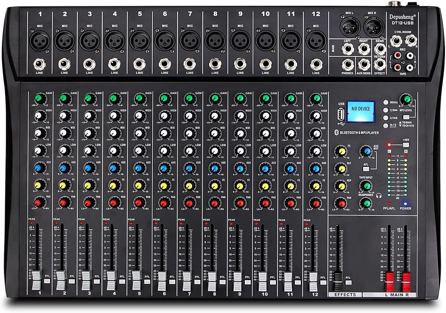 میکسر صوتی 12 کاناله Depusheng DT12، رابط کنترلر صدای استودیویی DJ با درایو USB برای ورودی ضبط کامپیوتر، کانکتور میکروفون XLR، 48 ولت، ورودی/خروجی RCA برای حرفه ای ها و مبتدیان