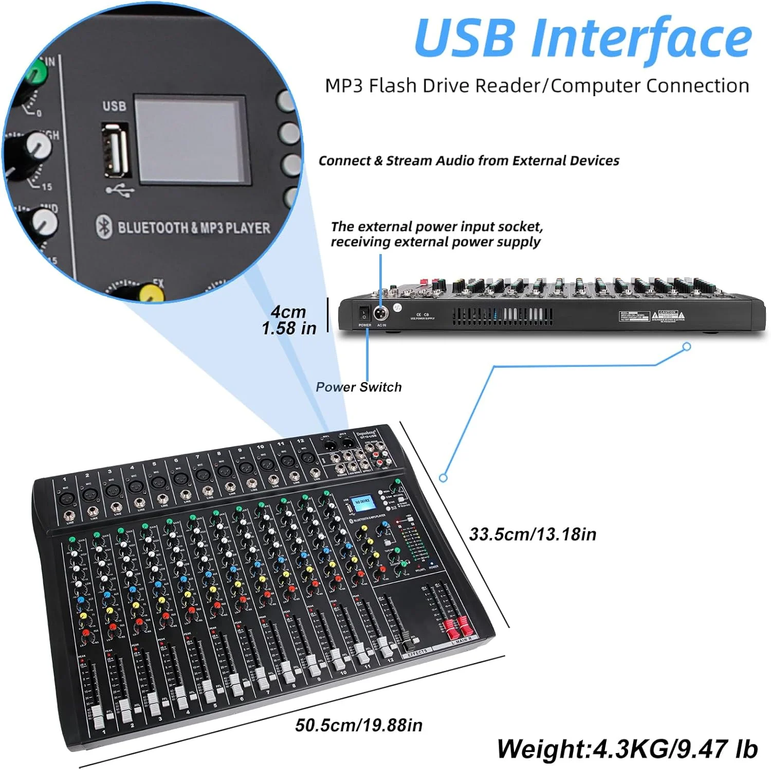 میکسر صوتی 12 کاناله Depusheng DT12، رابط کنترلر صدای استودیویی DJ با درایو USB برای ورودی ضبط کامپیوتر، کانکتور میکروفون XLR، 48 ولت، ورودی/خروجی RCA برای حرفه ای ها و مبتدیان