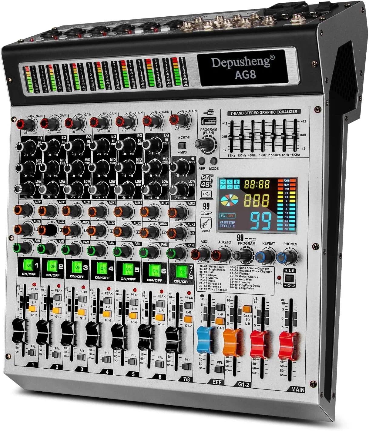 میکسر صوتی حرفه ای 8 کانال Depusheng AG8 با پخش کننده MP3، ضبط USB، دارای گروه بندی و 2 رابط AUX، 99 افکت DSP برای حرفه ای ها و مبتدیان