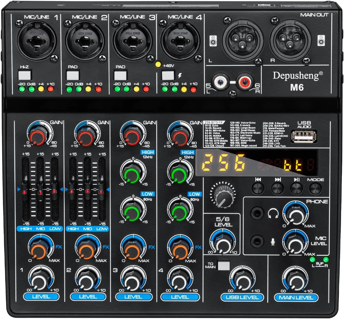 میکسر صوتی قابل حمل کوچک Depusheng M6، میکسر 6 کاناله DJ با کارت صدا، عملکرد بلوتوث، USB، فانتوم پاور 48 ولت برای ضبط کامپیوتر، پخش زنده مهمانی با 256 DSP