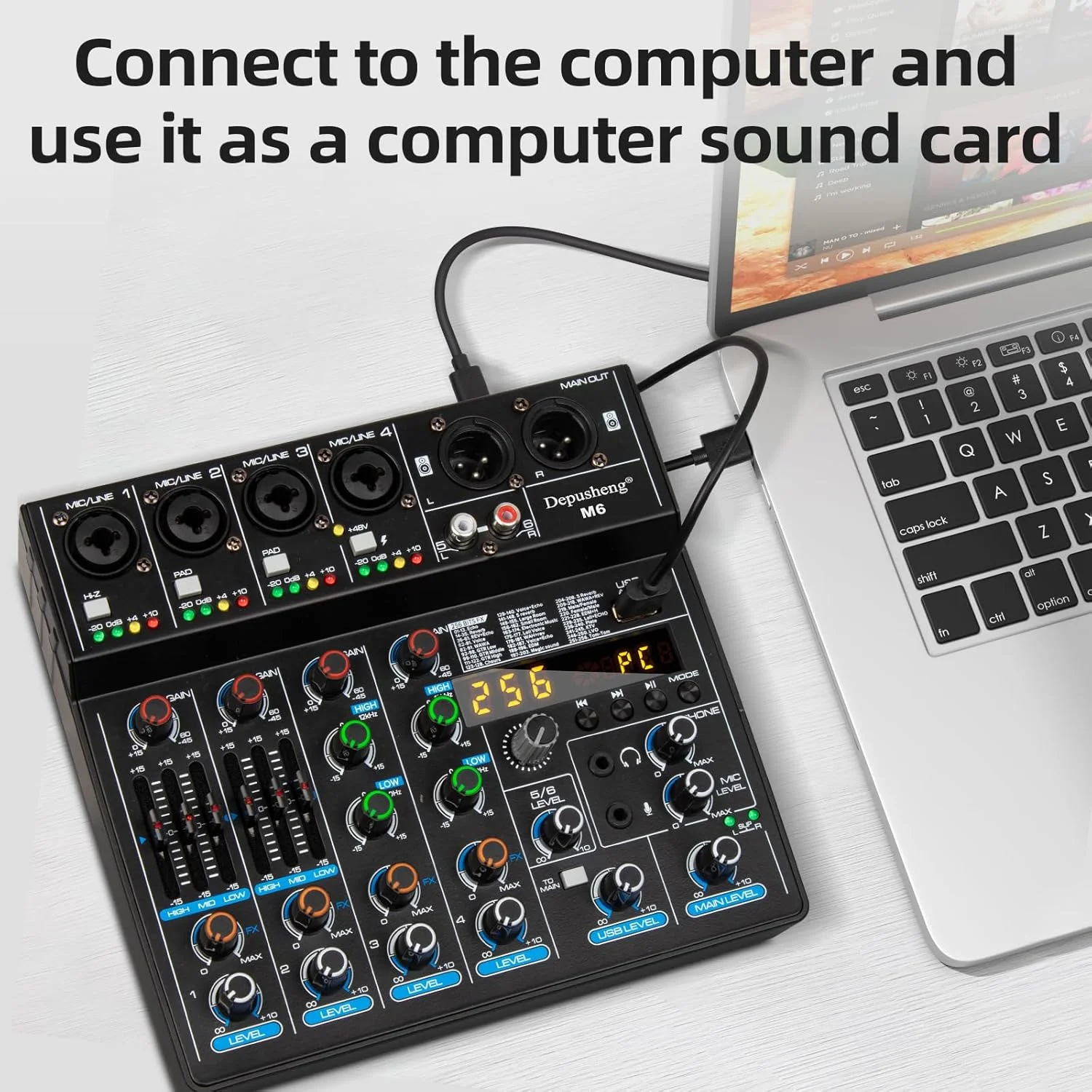 میکسر صوتی قابل حمل کوچک Depusheng M6، میکسر 6 کاناله DJ با کارت صدا، عملکرد بلوتوث، USB، فانتوم پاور 48 ولت برای ضبط کامپیوتر، پخش زنده مهمانی با 256 DSP