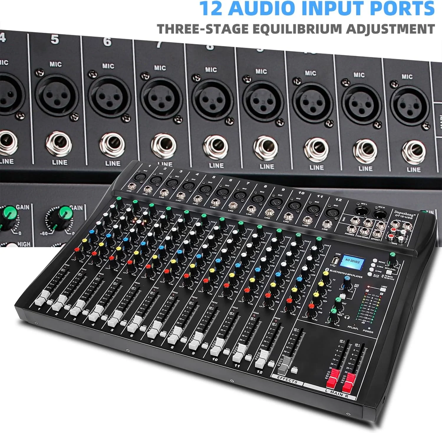 میکسر صوتی 12 کاناله Depusheng DT12، رابط کنترلر صدای استودیویی DJ با درایو USB برای ورودی ضبط کامپیوتر، کانکتور میکروفون XLR، 48 ولت، ورودی/خروجی RCA برای حرفه ای ها و مبتدیان