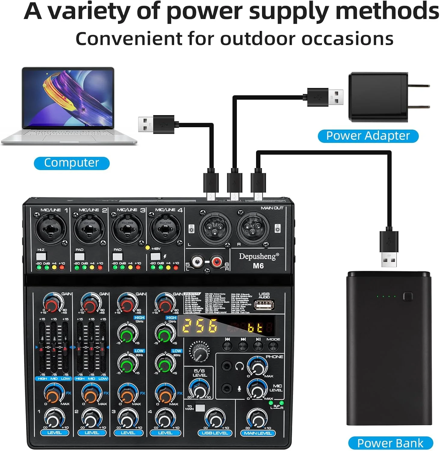 میکسر صوتی قابل حمل کوچک Depusheng M6، میکسر 6 کاناله DJ با کارت صدا، عملکرد بلوتوث، USB، فانتوم پاور 48 ولت برای ضبط کامپیوتر، پخش زنده مهمانی با 256 DSP