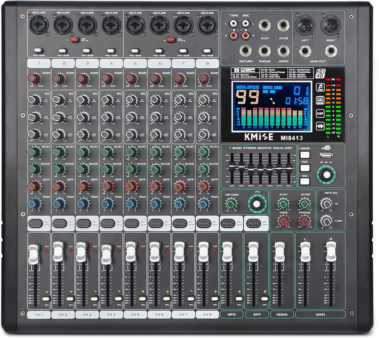 میکسر صدا 8 کانال با پخش کننده MP3، دارای 99 DSP دیجیتال، میکسر DJ و افکت، خروجی EQ 7 باندی، منبع تغذیه فانتوم 48 ولت، ضبط USB، اتصال BT USB برای پخش زنده، کارائوکه و استیج