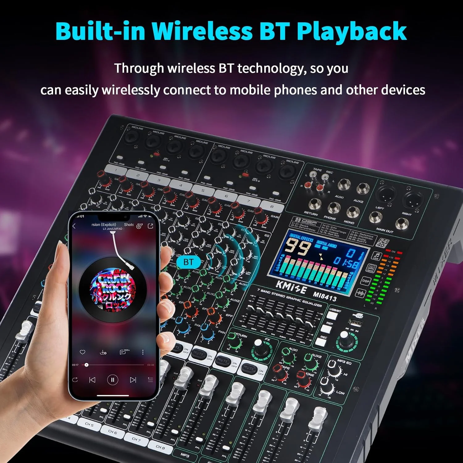 میکسر صدا 8 کانال با پخش کننده MP3، دارای 99 DSP دیجیتال، میکسر DJ و افکت، خروجی EQ 7 باندی، منبع تغذیه فانتوم 48 ولت، ضبط USB، اتصال BT USB برای پخش زنده، کارائوکه و استیج
