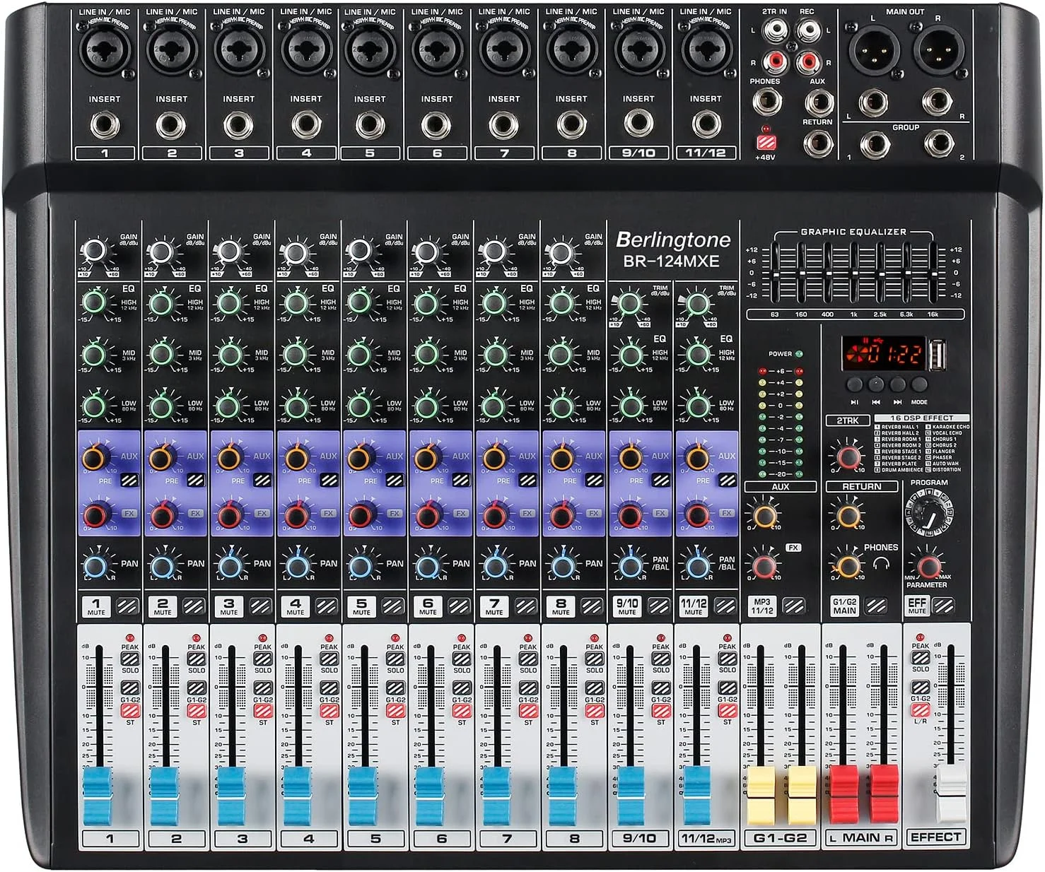 میکسر صوتی حرفه ای 12 کانال بلوتوثی DJ، کنسول صدا، ضبط USB MP3، دارای 10 جک میکروفون XLR، اکولایزر 7 باندی، فانتوم پاور 48 ولت، پردازنده دیجیتال Multi FX استریو 16 بیتی (BR-124MX)