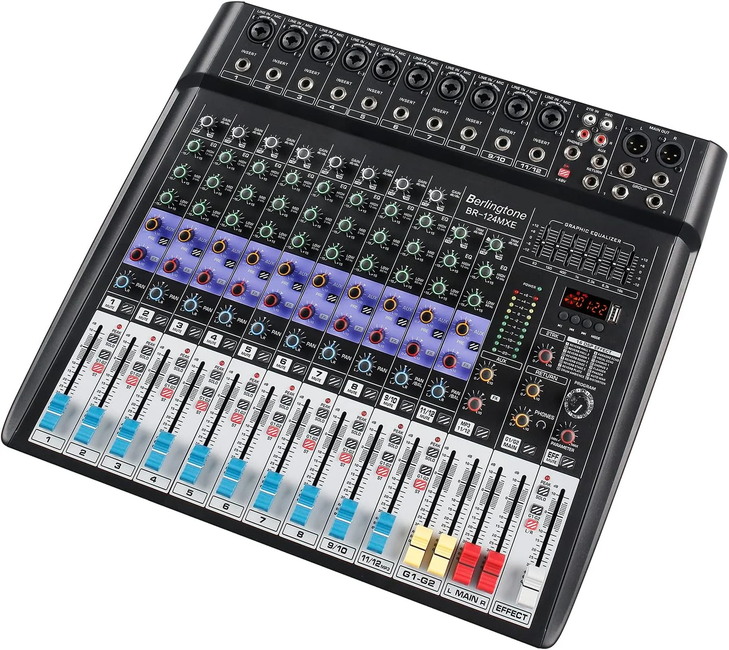 میکسر صوتی حرفه ای 12 کانال بلوتوثی DJ، کنسول صدا، ضبط USB MP3، دارای 10 جک میکروفون XLR، اکولایزر 7 باندی، فانتوم پاور 48 ولت، پردازنده دیجیتال Multi FX استریو 16 بیتی (BR-124MX)