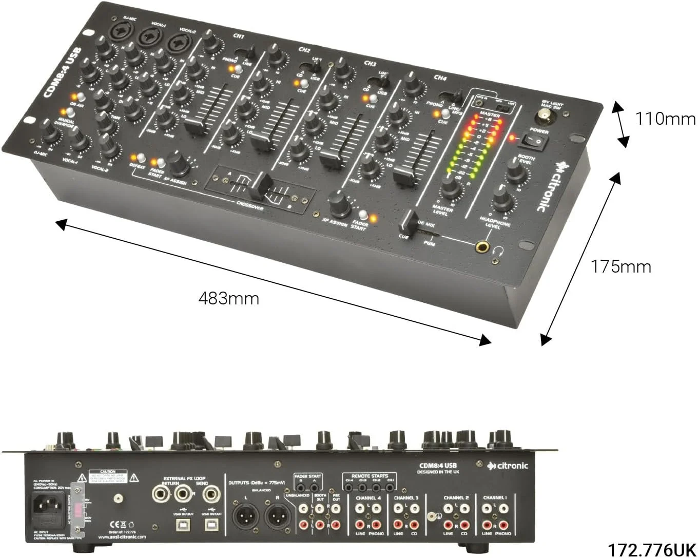 میکسر دی‌جی رک مونت ۱۹ اینچی ۱۴ ورودی ۴ کاناله سیترونیک مدل CDM8:4 USB