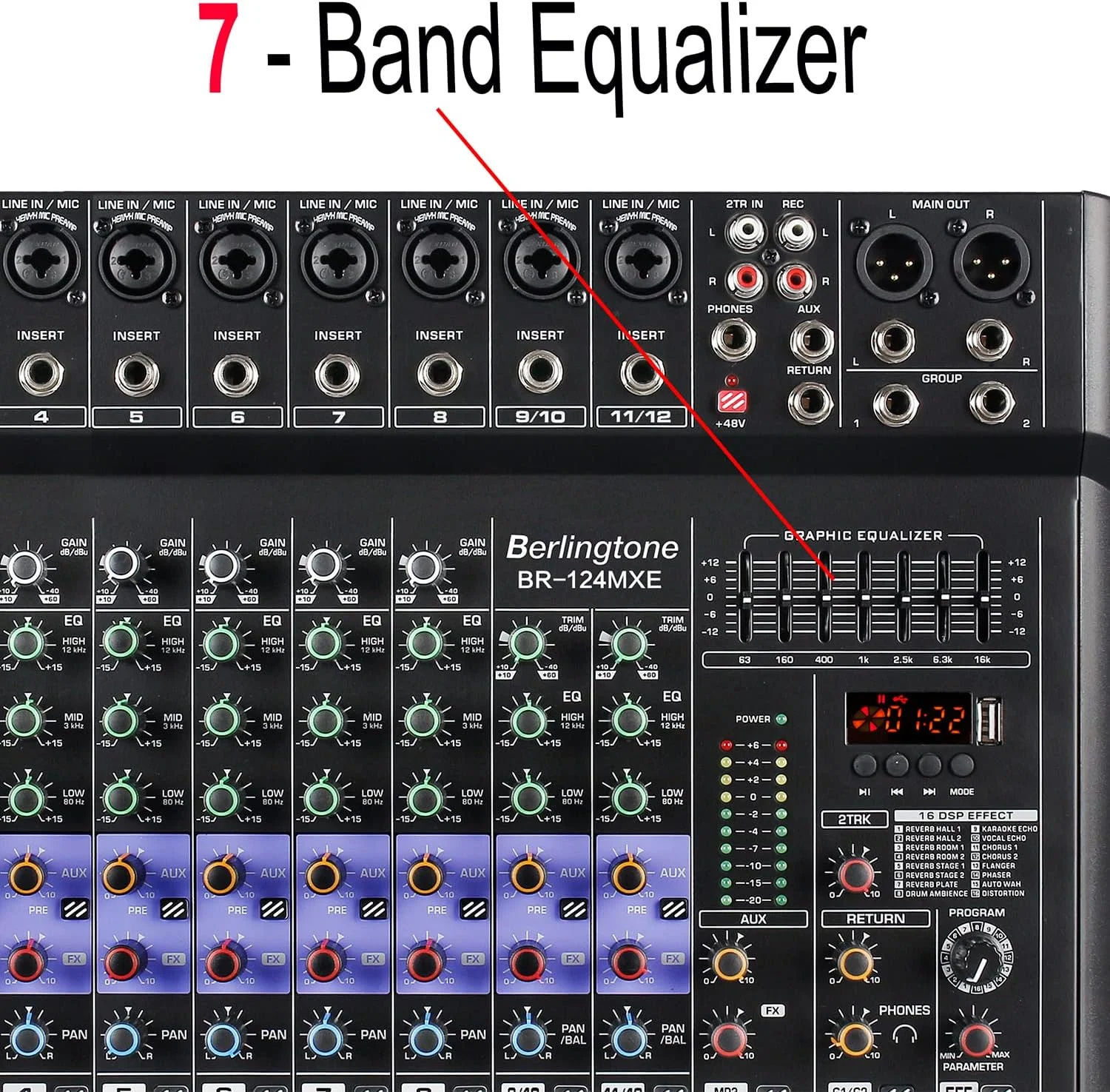 میکسر صوتی حرفه ای 12 کانال بلوتوثی DJ، کنسول صدا، ضبط USB MP3، دارای 10 جک میکروفون XLR، اکولایزر 7 باندی، فانتوم پاور 48 ولت، پردازنده دیجیتال Multi FX استریو 16 بیتی (BR-124MX)