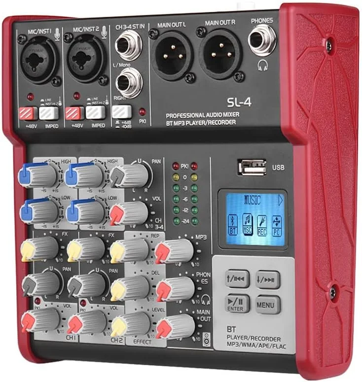 کنسول میکسر 4 کاناله EQ 2 باندی Btuty با فانتوم پاور 48 ولت داخلی. پشتیبانی از اتصال BT، پخش کننده MP3، USB برای ضبط پخش زنده شبکه DJ و کارائوکه