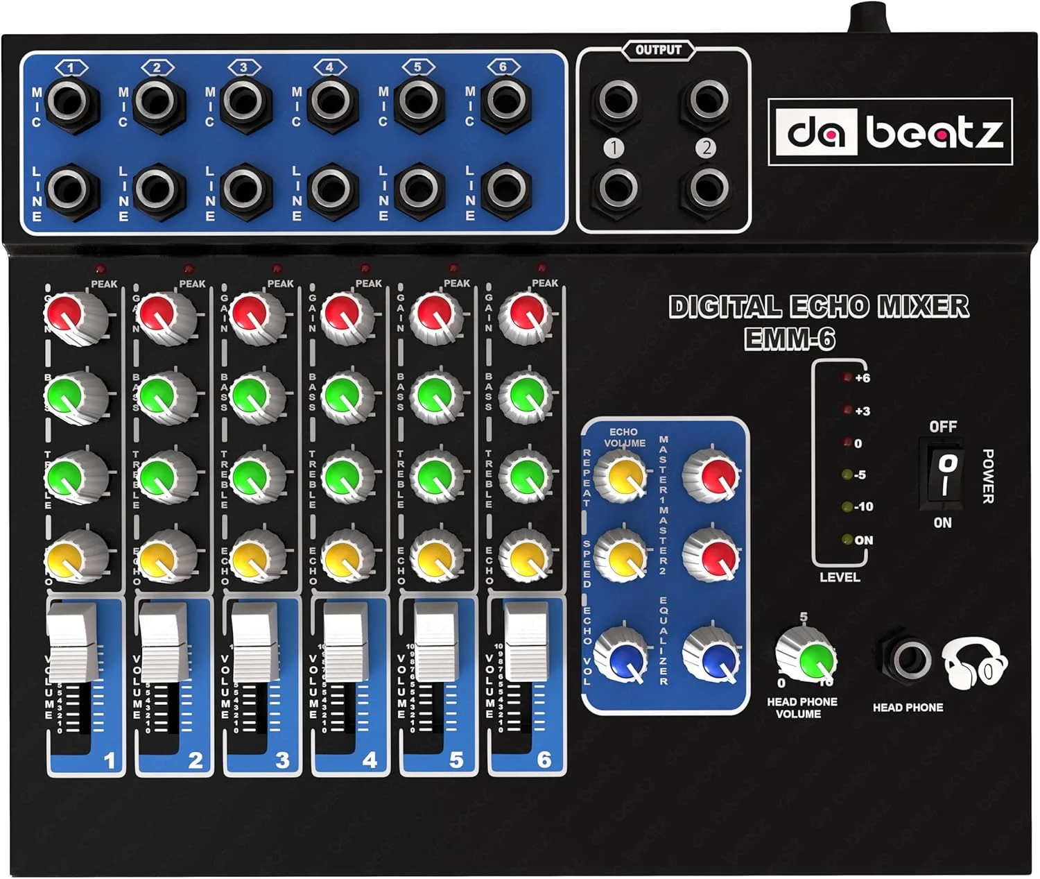 میکسر صدای استریو اکو 6 کاناله Da.Beatz برای مهمانی ها، جلوه های استیج، عروسی ها و مراسم، با خروجی چشمگیر (مشکی)