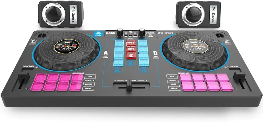 ایستگاه دی‌جی قابل حمل Cefa Toys با بلندگوها و کنترل فضا 14 در 1، با صفحه گردان، کراس فیدر و بیش از 144 ترکیب میکس، شامل بلوتوث و پخش کننده USB و باتری قابل شارژ