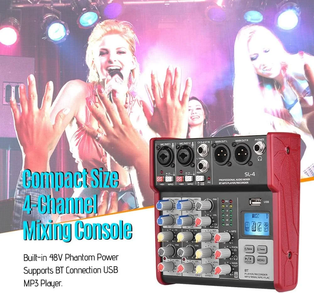 کنسول میکسر 4 کاناله EQ 2 باندی Btuty با فانتوم پاور 48 ولت داخلی. پشتیبانی از اتصال BT، پخش کننده MP3، USB برای ضبط پخش زنده شبکه DJ و کارائوکه کنسول میکسر 4 کاناله EQ 2 باندی Btuty با فانتوم پاور 48 ولت داخلی. پشتیبانی از اتصال BT، پخش کننده MP3، USB برای ضبط پخش زنده شبکه DJ و کارائوکه