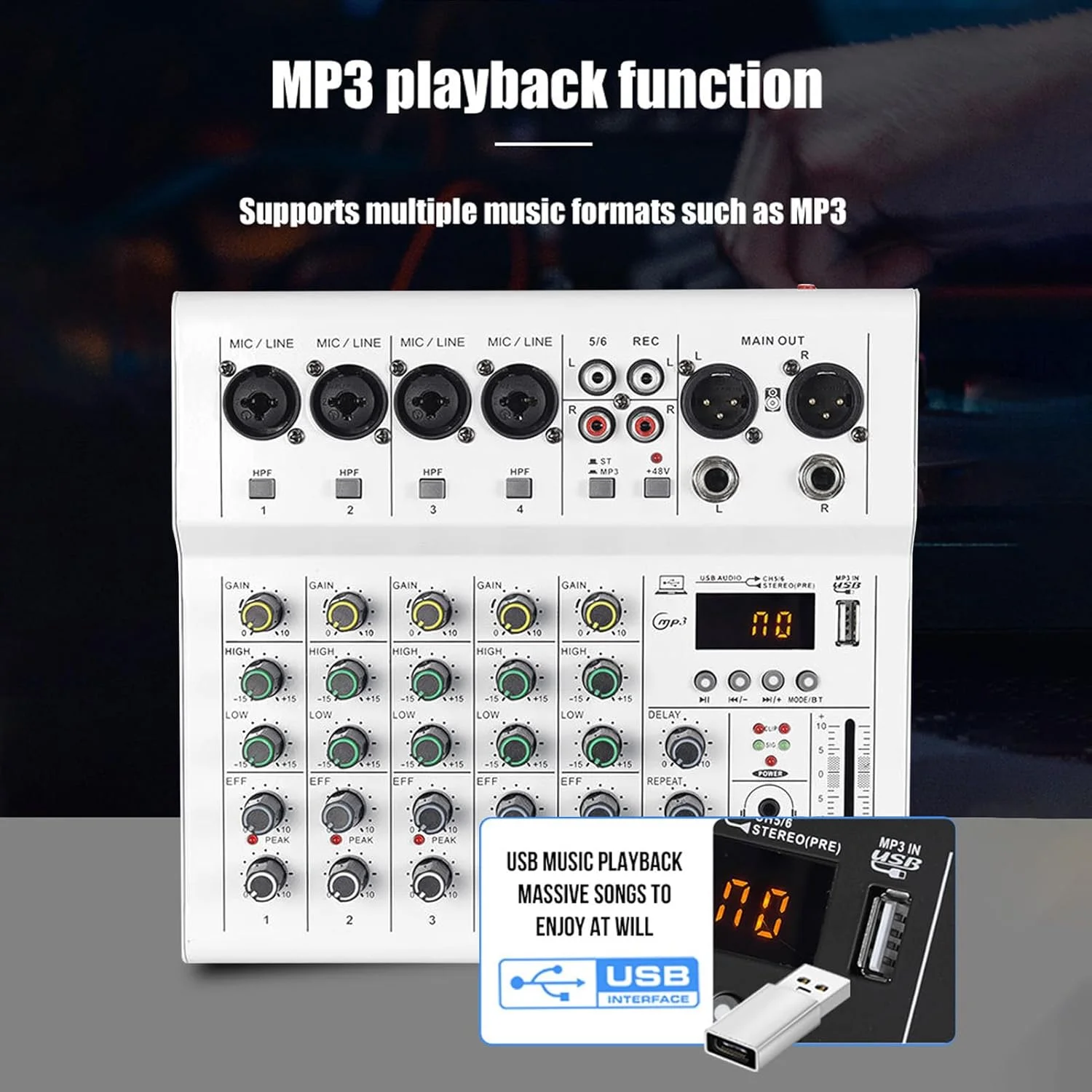 میکسر صوتی 6 کاناله کوچک Asixxsix، میکسر صوتی قابل حمل با پخش کننده MP3 بلوتوث، آمپلی فایر گیتار داخلی، برای پادکست، ضبط استودیویی، پخش زنده، کارائوکه (سفید)