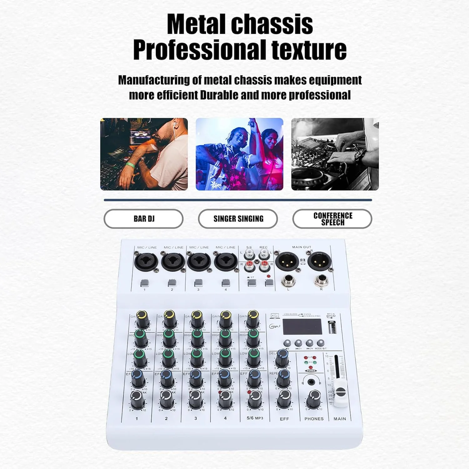 میکسر صوتی 6 کاناله کوچک Asixxsix، میکسر صوتی قابل حمل با پخش کننده MP3 بلوتوث، آمپلی فایر گیتار داخلی، برای پادکست، ضبط استودیویی، پخش زنده، کارائوکه (سفید)