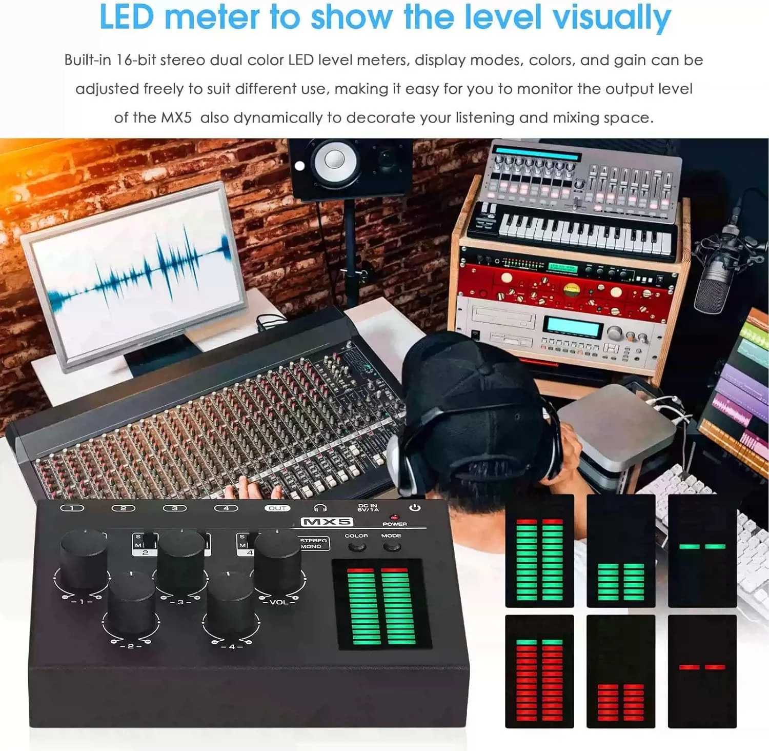 میکسر صدای حرفه ای Asixxsix، میکسر صدای 4 کاناله با نمایشگر سطح LED، میکسر استریو مونو برای پخش کننده CD کامپیوتر، پیش تقویت کننده هدفون، بلندگو، ضبط استودیویی