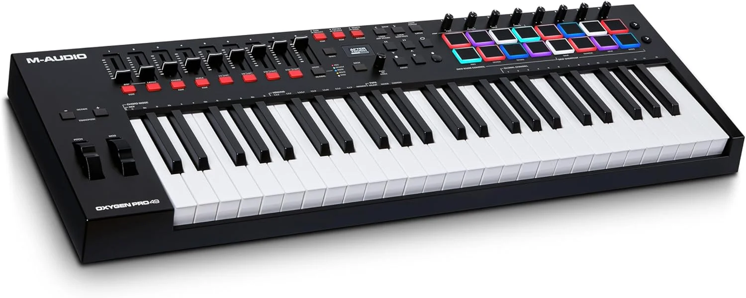 M-Audio Oxygen Pro 49 – کنترلر میدی کیبورد USB با ۴۹ کلید، پدهای ضرب، دکمه‌ها و فیدرهای قابل تنظیم و مجموعه نرم‌افزاری همراه - کلیدهای مشکی