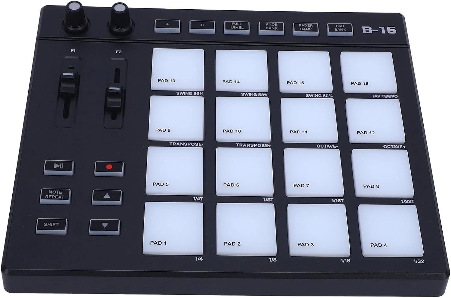 پد کنترلر MIDI، دستگاه سازنده پد MIDI با 16 پد درام، 2 فیدر قابل تنظیم، پد درام MIDI قابل حمل RGB برای تولید موسیقی