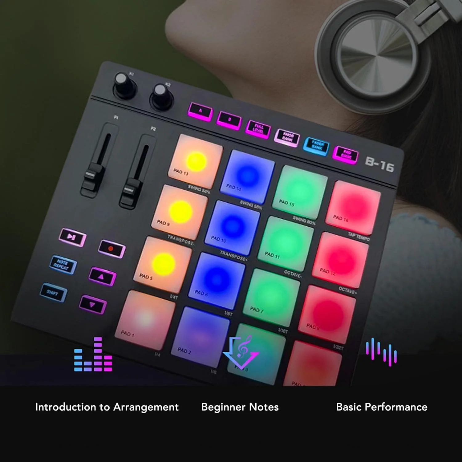 پد کنترلر MIDI، دستگاه سازنده پد MIDI با 16 پد درام، 2 فیدر قابل تنظیم، پد درام MIDI قابل حمل RGB برای تولید موسیقی