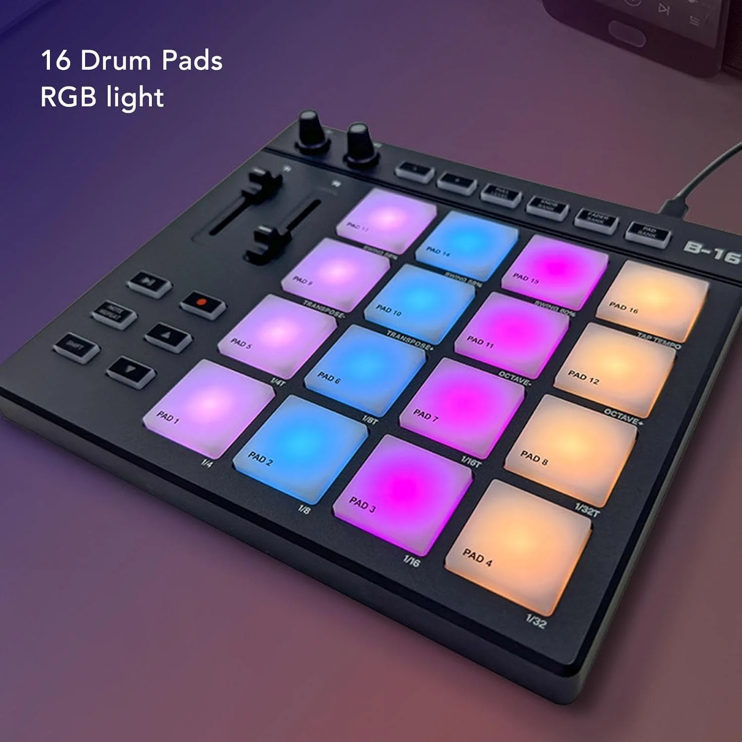 پد کنترلر MIDI، دستگاه سازنده پد MIDI با 16 پد درام، 2 فیدر قابل تنظیم، پد درام MIDI قابل حمل RGB برای تولید موسیقی