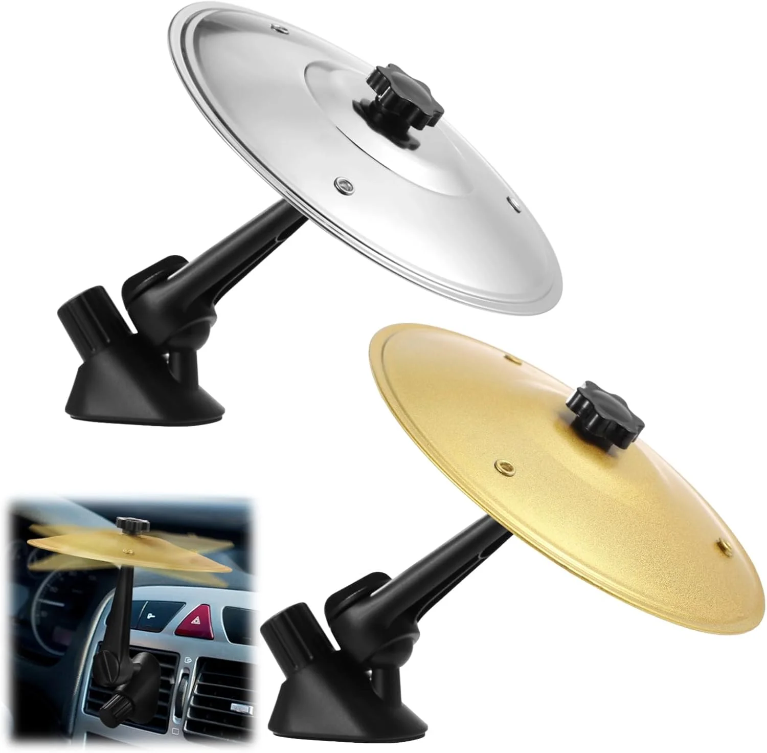 ۲ عدد سنج تصادف خودرو، تزئین دریچه هوای سنج خودرو، سنج های درام فلزی طلایی و نقره ای با بازوی قابل تنظیم، نصب شده با قلاب برای دریچه های افقی و عمودی، تزئین سرگرم کننده خودرو برای دوستداران موسیقی