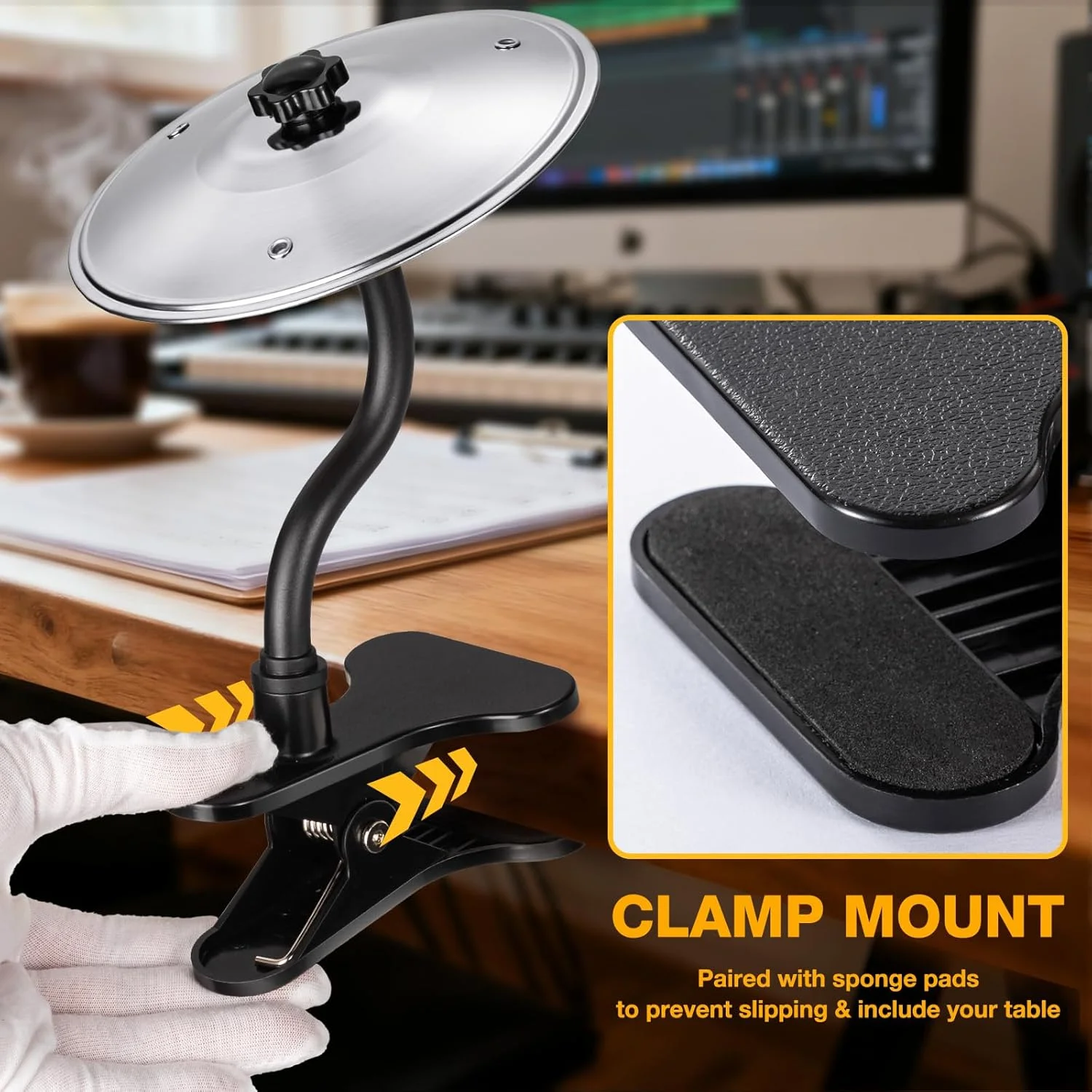 دو عدد سنج رومیزی با گیره، درام سیمبل رومیزی برای لبه میز، نصب آسان، لوازم جانبی سرگرم کننده برای نوازندگان درام و دوستداران موسیقی، لوازم جانبی جالب رومیزی برای سرگرمی - نقره ای