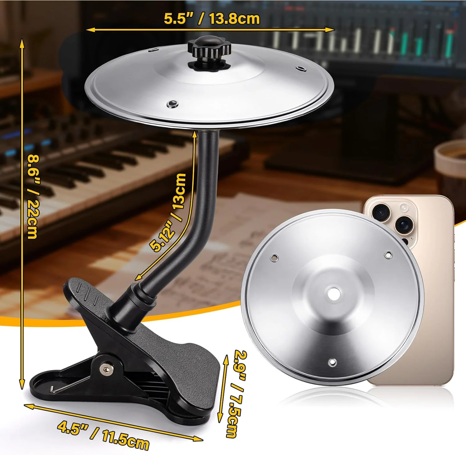 دو عدد سنج رومیزی با گیره، درام سیمبل رومیزی برای لبه میز، نصب آسان، لوازم جانبی سرگرم کننده برای نوازندگان درام و دوستداران موسیقی، لوازم جانبی جالب رومیزی برای سرگرمی - نقره ای