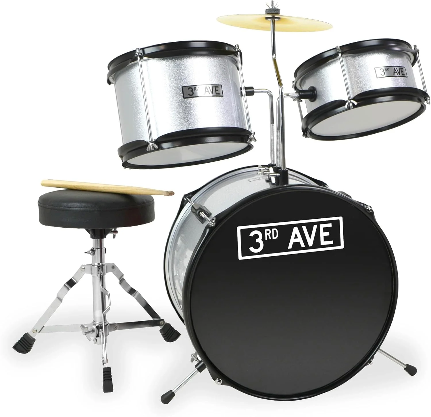 درامز کودکانه 3 تکه خیابان سوم مناسب برای نوازندگان مبتدی به همراه سنج، صندلی و چوب در رنگ نقره ای - 6 ماه آموزش رایگان درامز کودکانه 3 تکه خیابان سوم مناسب برای نوازندگان مبتدی به همراه سنج، صندلی و چوب در رنگ نقره ای - 6 ماه آموزش رایگان