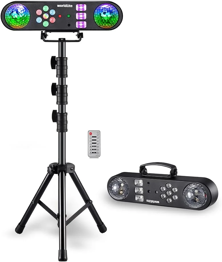 نور DJ همراه با پایه، ست نورپردازی پارتی WorldLite 5-in-1 با توپ جادویی، پار ال ای دی، طرح قرمز و سبز، استروب/UV، سیستم نورپردازی صحنه DJ سه پایه قابل حمل برای دیسکو، گروه موسیقی و عروسی