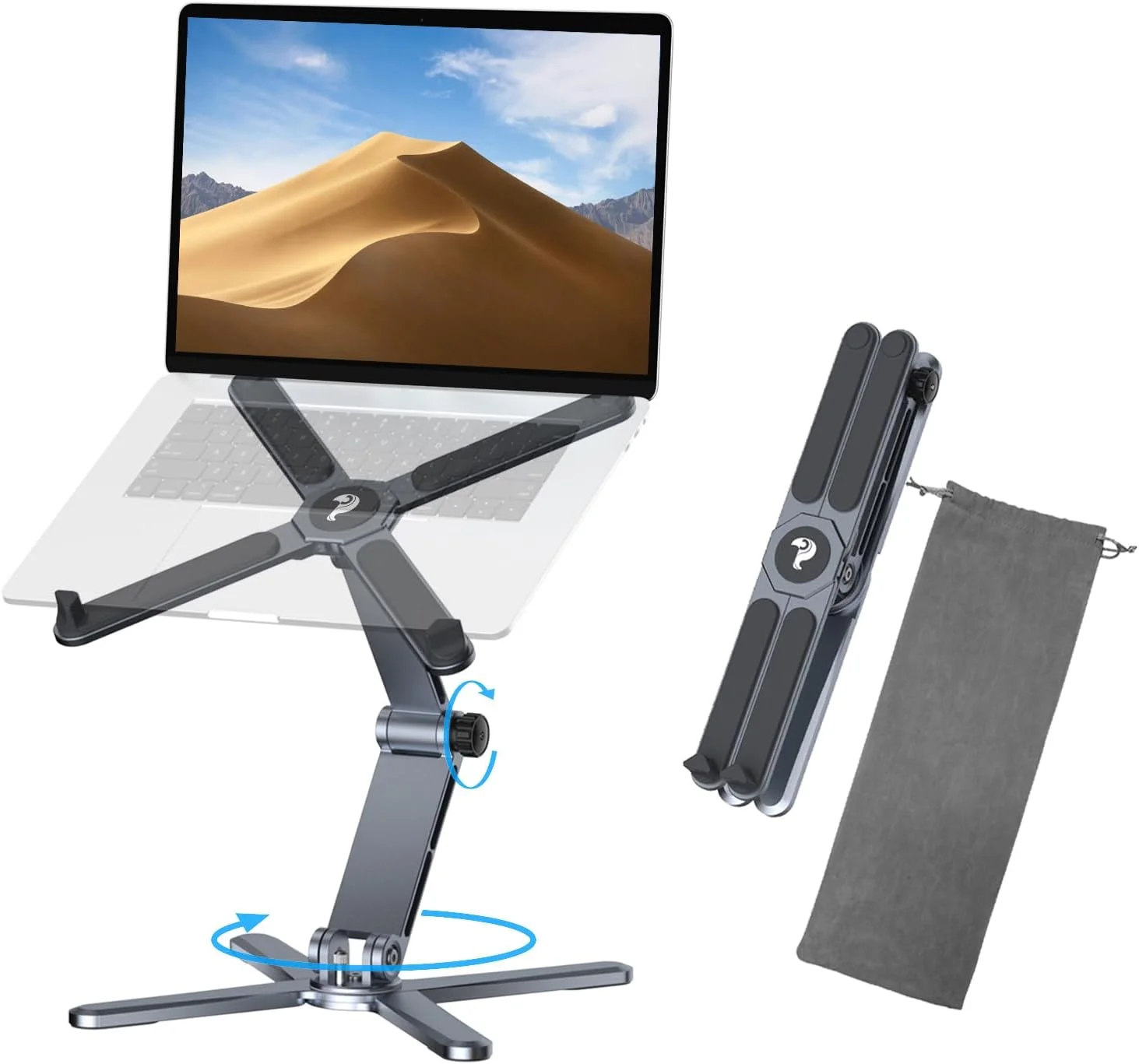 پایه لپ تاپ قابل حمل Proffisy با قابلیت تنظیم پیوسته و چرخش 360 درجه، قفل محور مرکزی X شکل، آلومینیومی، ارگونومیک، مناسب برای مک بوک، گیمینگ و دفتر کار، خاکستری متالیک