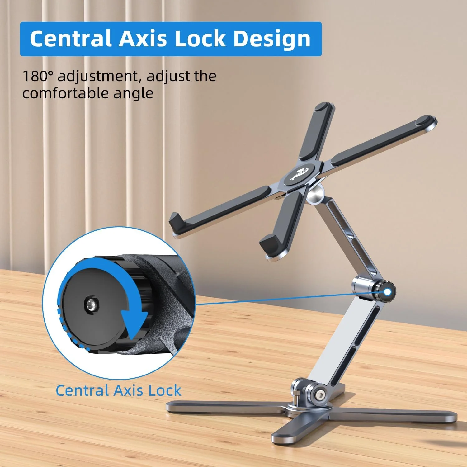 پایه لپ تاپ قابل حمل Proffisy با قابلیت تنظیم پیوسته و چرخش 360 درجه، قفل محور مرکزی X شکل، آلومینیومی، ارگونومیک، مناسب برای مک بوک، گیمینگ و دفتر کار، خاکستری متالیک