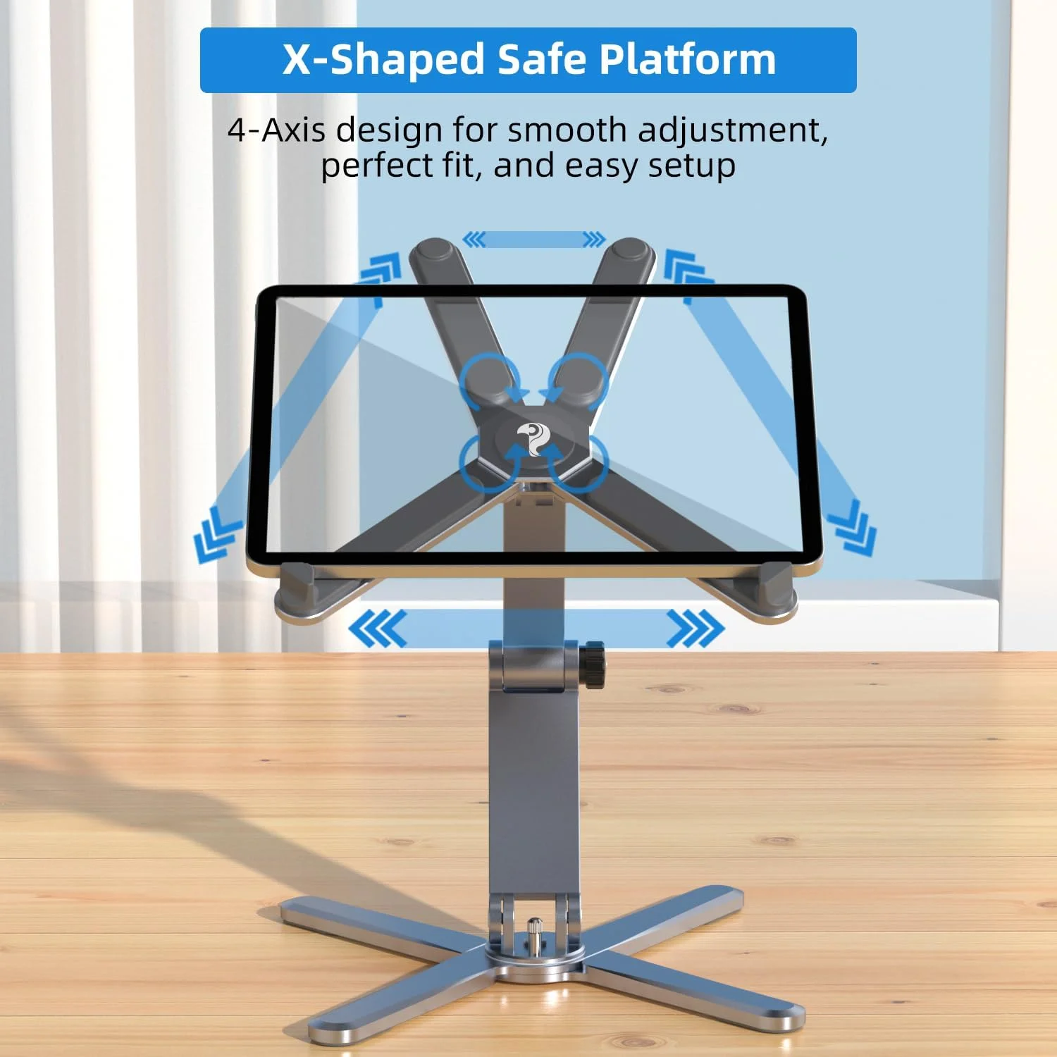 پایه لپ تاپ قابل حمل Proffisy با قابلیت تنظیم پیوسته و چرخش 360 درجه، قفل محور مرکزی X شکل، آلومینیومی، ارگونومیک، مناسب برای مک بوک، گیمینگ و دفتر کار، خاکستری متالیک