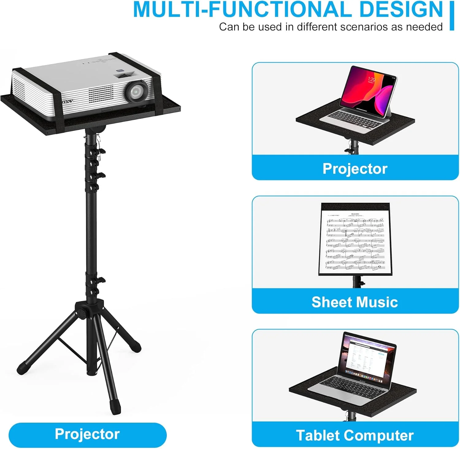 پایه سه پایه پروژکتور، پایه سه پایه لپ تاپ با ارتفاع قابل تنظیم از 59 تا 161 سانتی متر به همراه نگهدارنده تلفن گردنی، پایه ایستاده لپ تاپ برای دفتر، خانه، استیج، استودیو، هولدر پایه DJ