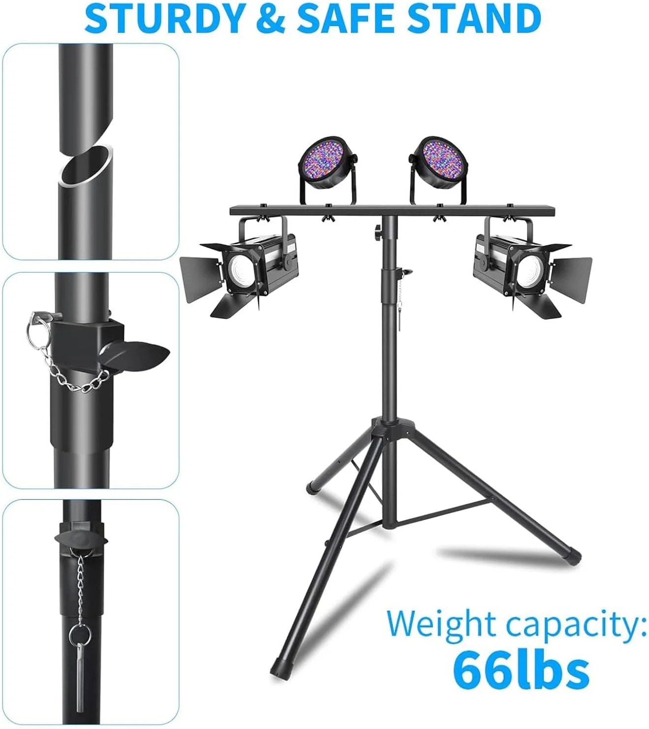 پایه نور DJ دو عددی، پایه DJ مقاوم، پایه نور سه پایه قابل حمل Par Can با ارتفاع قابل تنظیم 89-165 سانتی متر، میله نور DJ مناسب برای استیج، بار، ضیافت، مهمانی