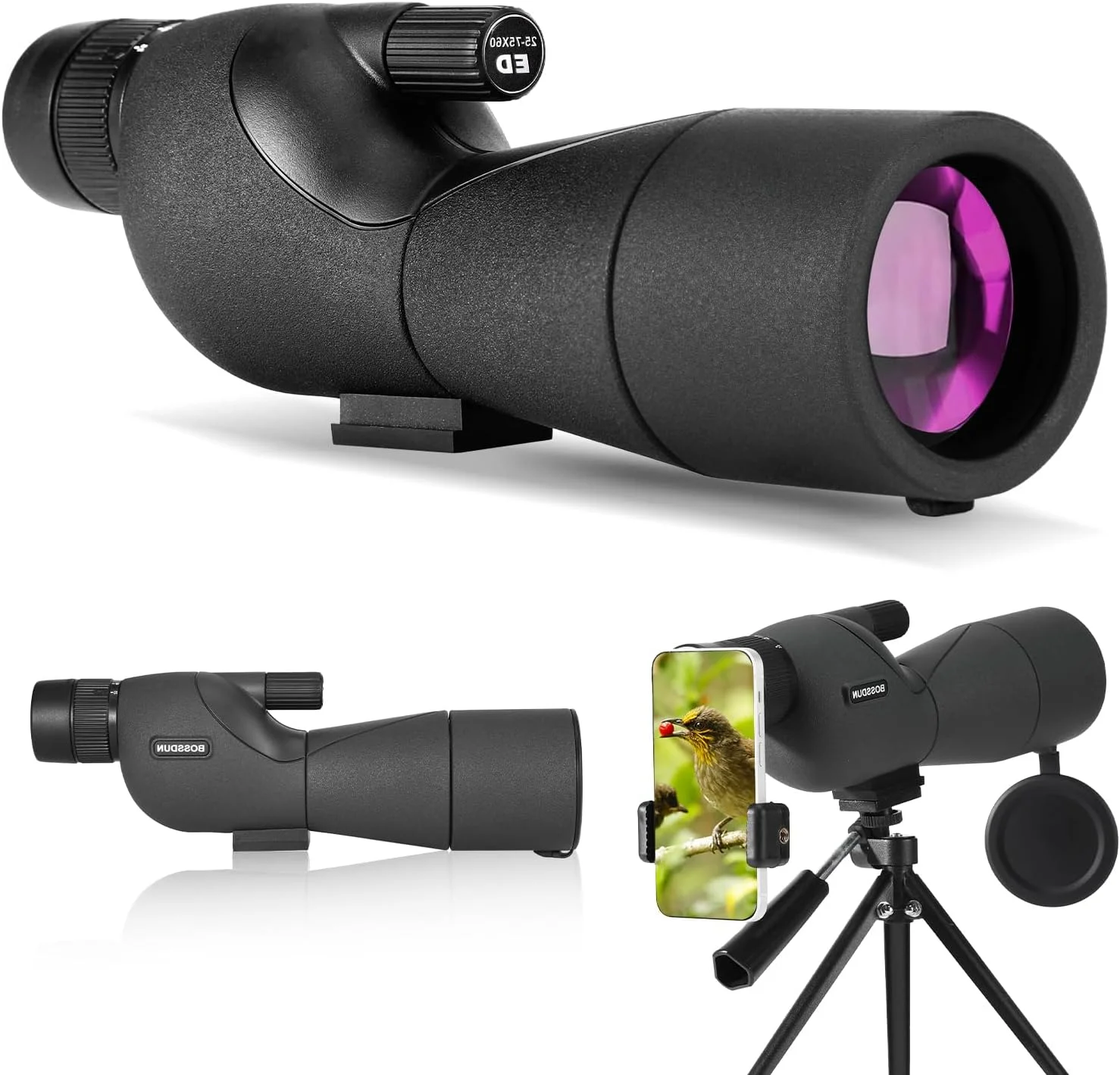 تلسکوپ دیدبانی 25-75X با سه پایه، تلسکوپ تک چشمی منشوری BAK4 ضد آب با قابلیت زوم برای تماشای پرندگان، تیراندازی به هدف، حیات وحش، شکار و مناظر، با آداپتور تلفن و کیف