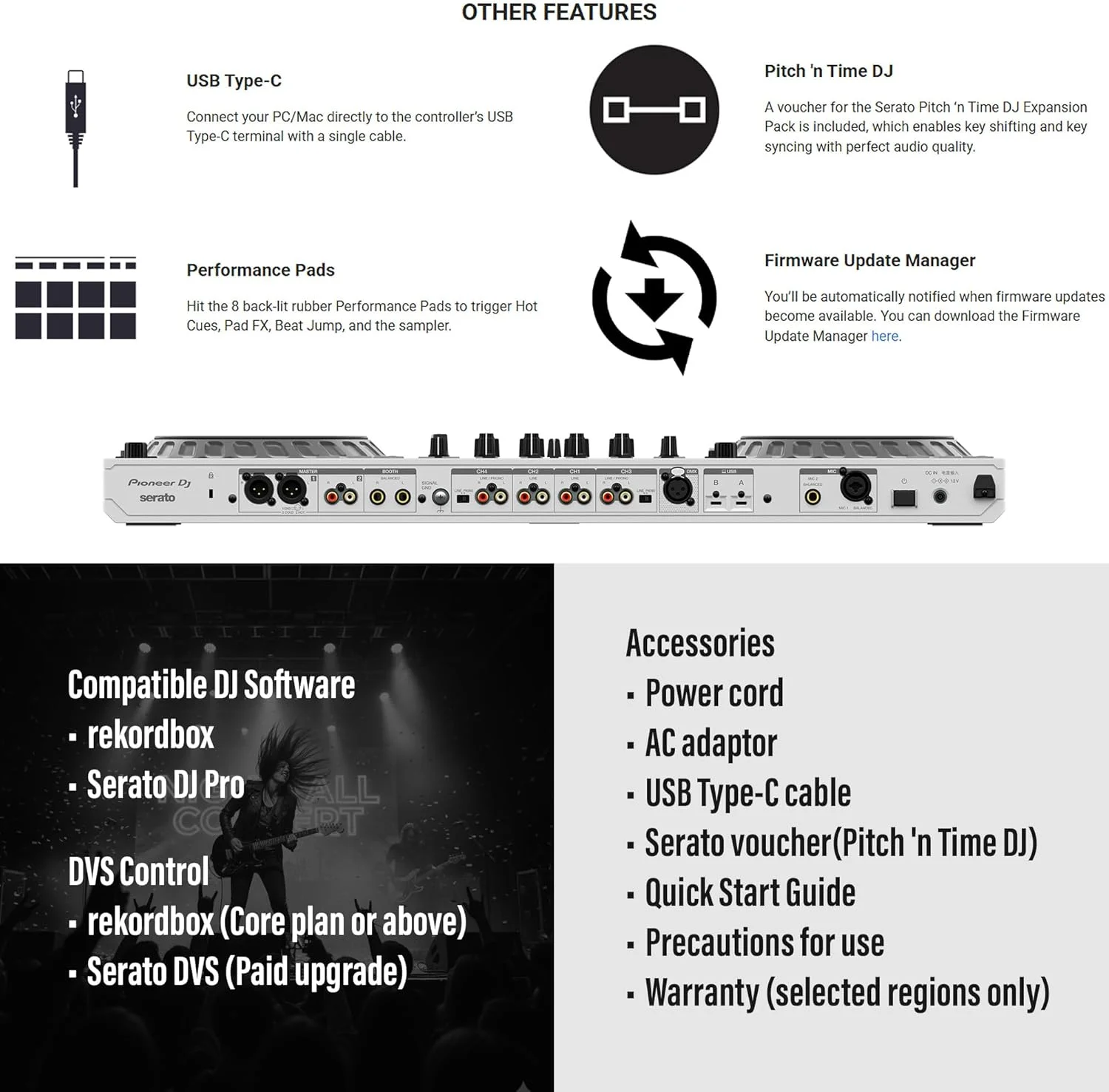 کنترلر دی‌جی پایونیر DDJ FLX10 نسخه محدود 4 کاناله برای rekordbox و Serato - باندل سفید با کیف، هدفون Gearlux، کابل DMX و پارچه پولیش Austin Bazaar
