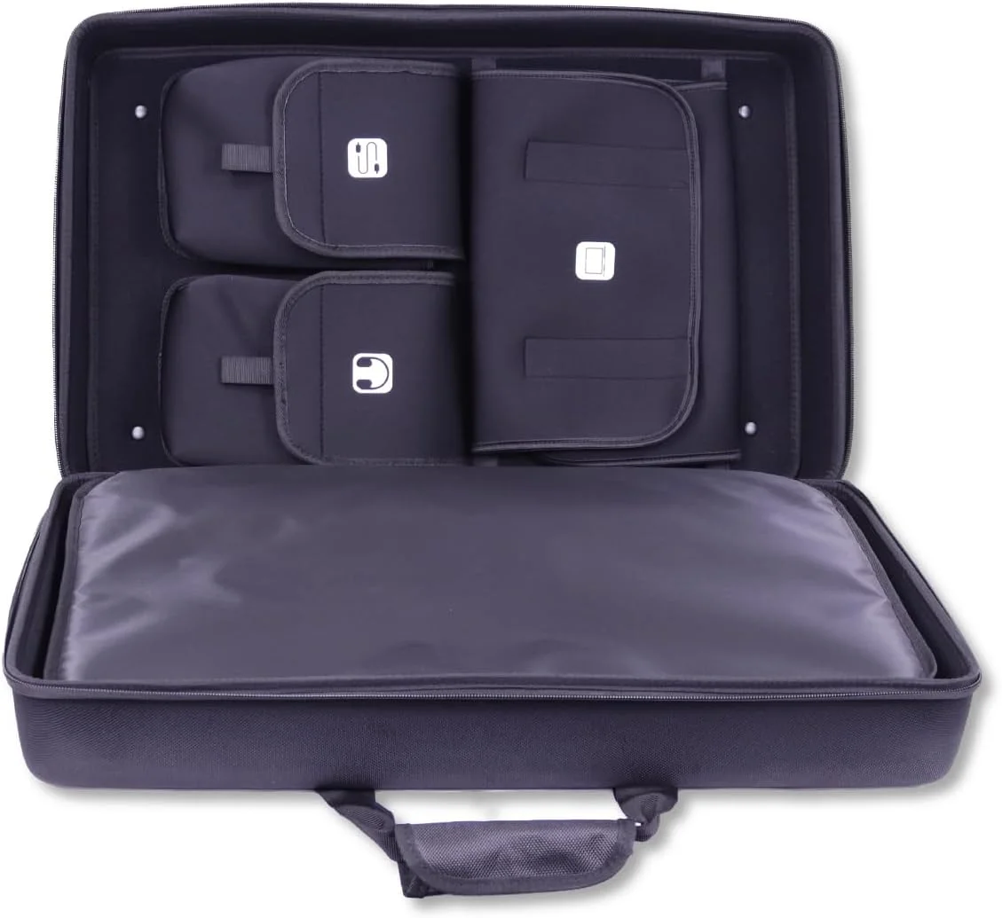 کیف حمل DJ مدل Protekt BFLX4IP مناسب برای Pioneer DDJ-FLX4 با جیب‌های داخلی، کیف سخت حمل DJ برای کنترلر پایونیر، دارای جیب برای لپ‌تاپ، هدفون، کابل، مشکی، 60x38x17 سانتی‌متر