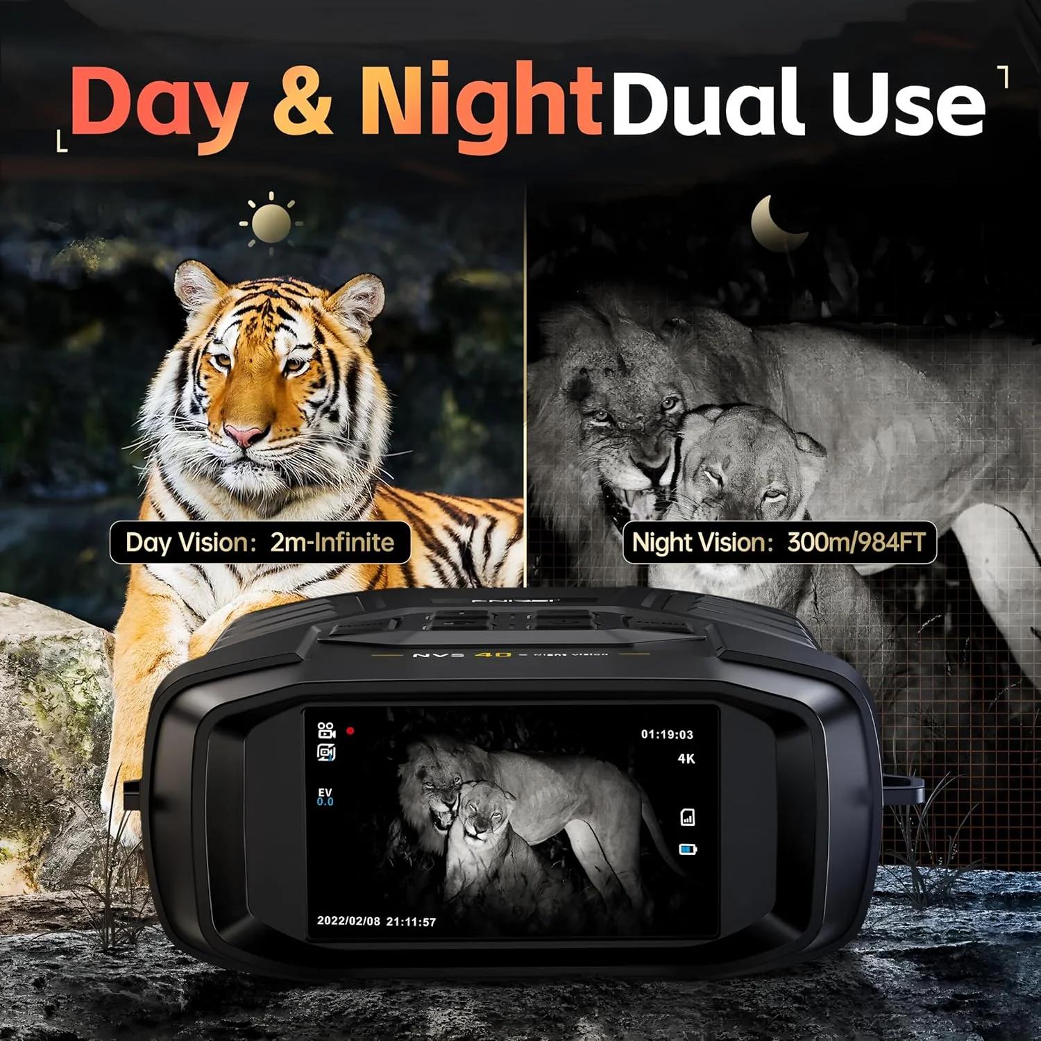 دوربین دوچشمی دید در شب NVS-40 تلسکوپی 4K HD با زوم دیجیتال 6 برابر و برد 300 متری برای شکار، کمپینگ و مشاهده اشیاء - تصویر 3 دوربین دوچشمی دید در شب NVS-40 تلسکوپی 4K HD با زوم دیجیتال 6 برابر و برد 300 متری برای شکار، کمپینگ و مشاهده اشیاء - تصویر 3