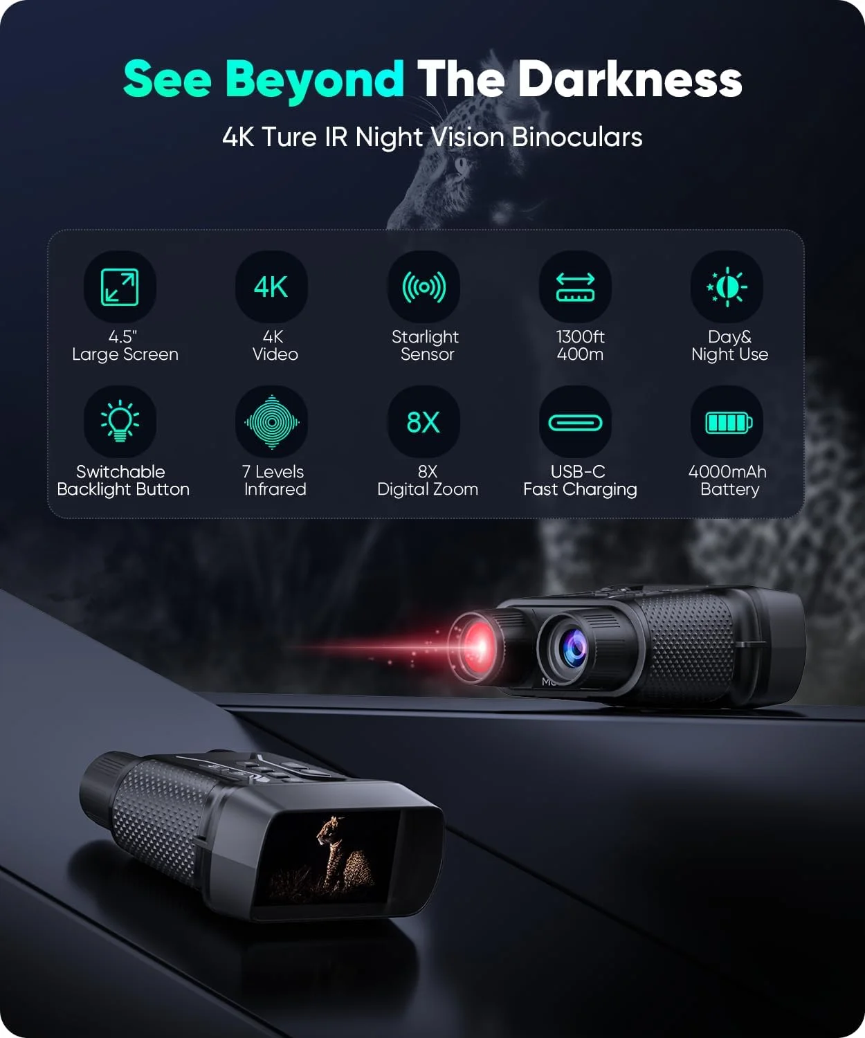 دوربین دید در شب - دوربین دوچشمی دید در شب 4K برای بزرگسالان، صفحه نمایش HD 11.4 سانتی متری (4.5 اینچی) با زوم دیجیتال 8 برابر، شامل کارت TF 32 گیگابایتی برای ذخیره عکس ها و فیلم ها، ایده آل برای