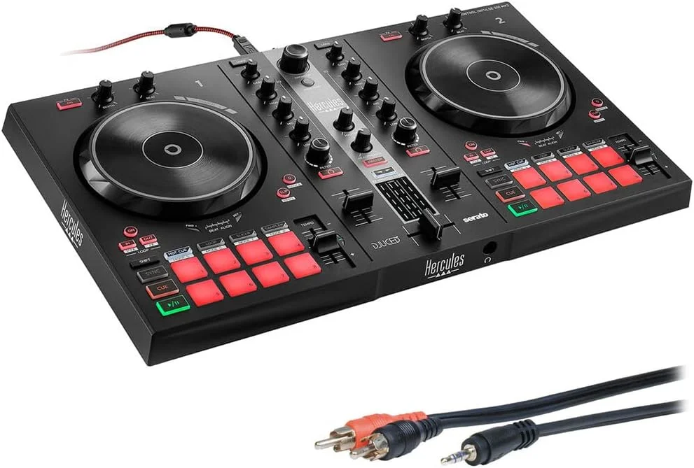 هرکولس DJ Control Inpulse 300 کنترلر DJ دو دکه USB برای Serato DJ Lite و DJUCED به همراه کابل صوتی 1.8 متری Comprehensive Standard Series با فیش مینی استریو 3.5 میلی متری به 2 فیش RCA