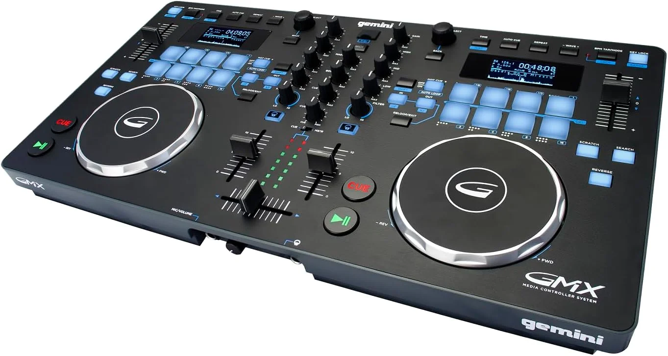 سیستم کنترلر رسانه ای چند فرمتی حرفه ای صوتی دی جی Gemini GMX Series با USB، MP3، WAV و سازگار با نرم افزار دی جی با چرخ های Jog با وضوح بالا و حساس به لمس، مشکی