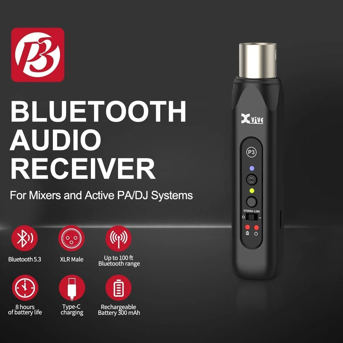 گیرنده بلوتوثی XLR مدل Xvive P3 برای میکسر صدا، سیستم PA فعال و سیستم های DJ