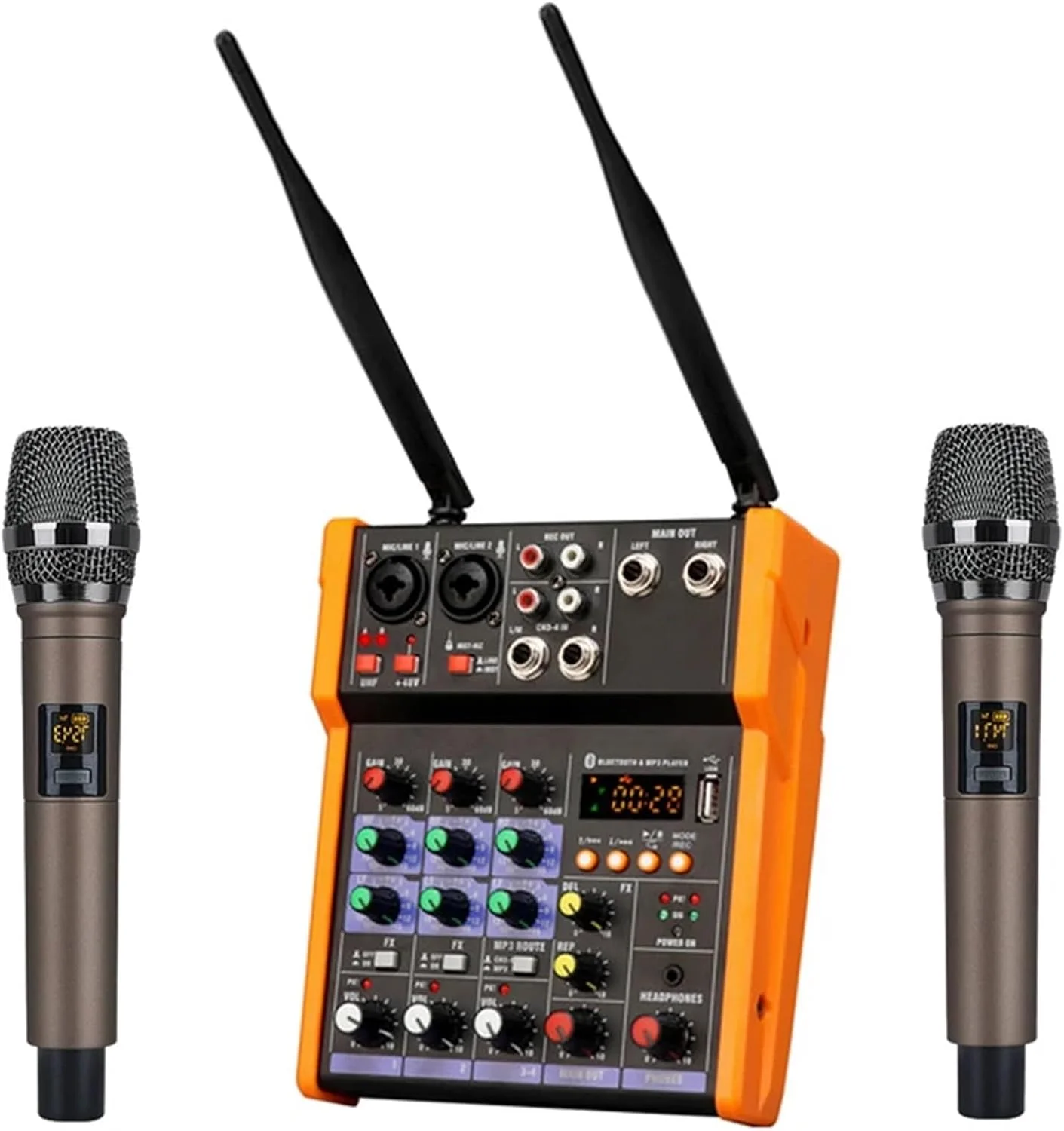 میکسر DJ، میکسر صوتی 4 کاناله Woopker با میکروفون بی سیم برای میکس صدا و ورودی USB (ست نارنجی)