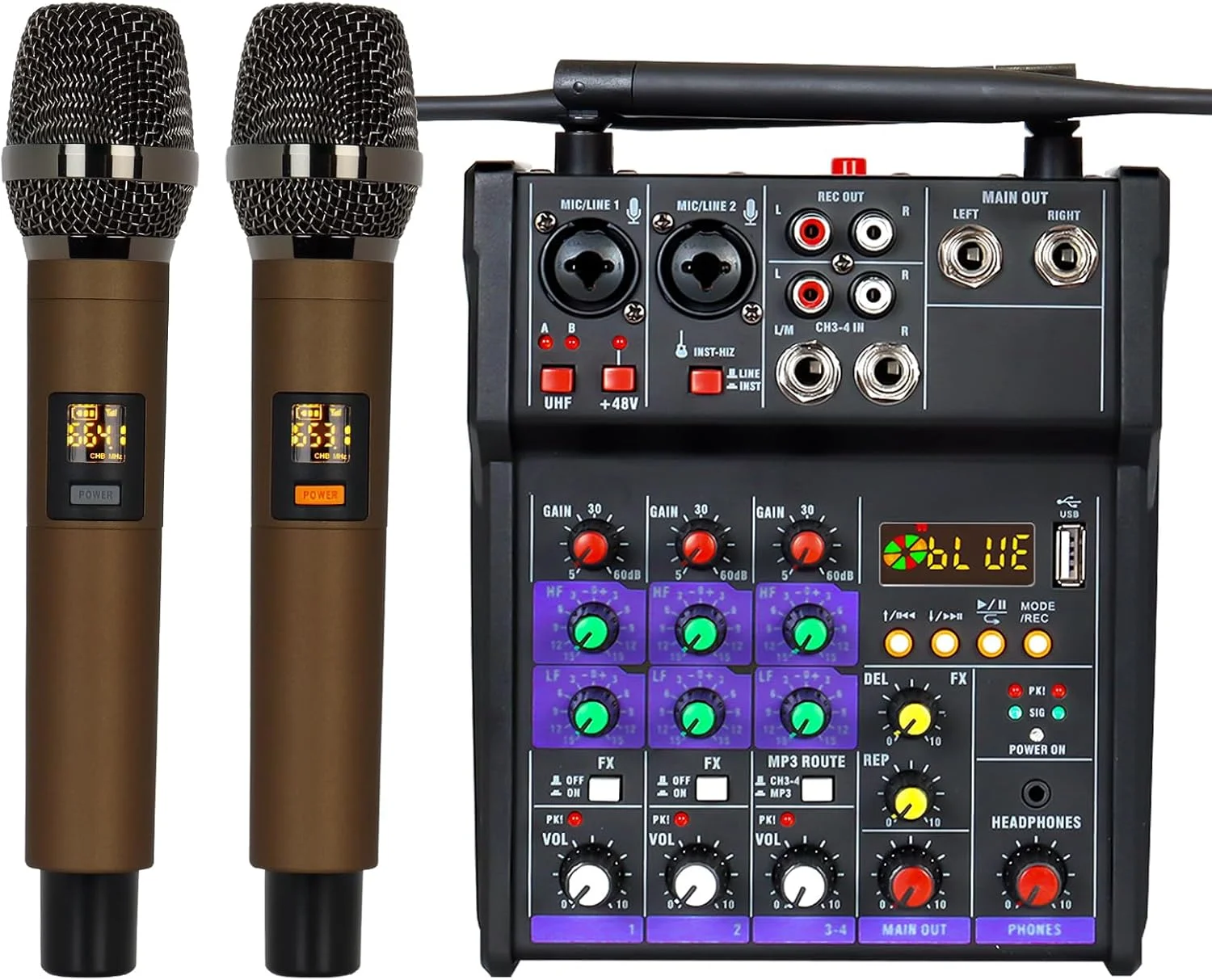 میکسر صدا 4 کانال DJ با میکروفون بی سیم دوگانه، کنسول برد صدا MP3 بلوتوث، فانتوم پاور 48 ولت، رابط USB برای استودیو ضبط خانگی کارائوکه